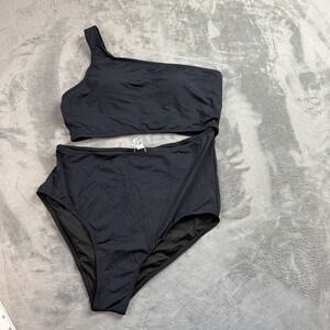 Yonique One Shoulder Swimsuit Womens Large Black High Waist Bikini Set Swimwear